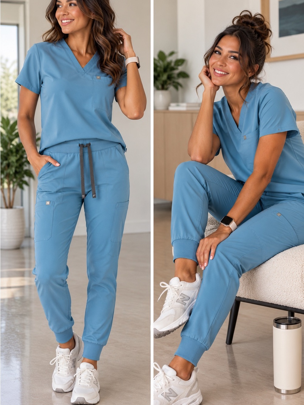 Fabletics Scrub Set XS / XS Tall Blue V-Neck Top Jogger Pants